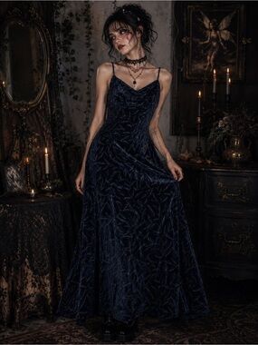 Gunne Sax Navy Blue Glitter Floral Maxi Dress